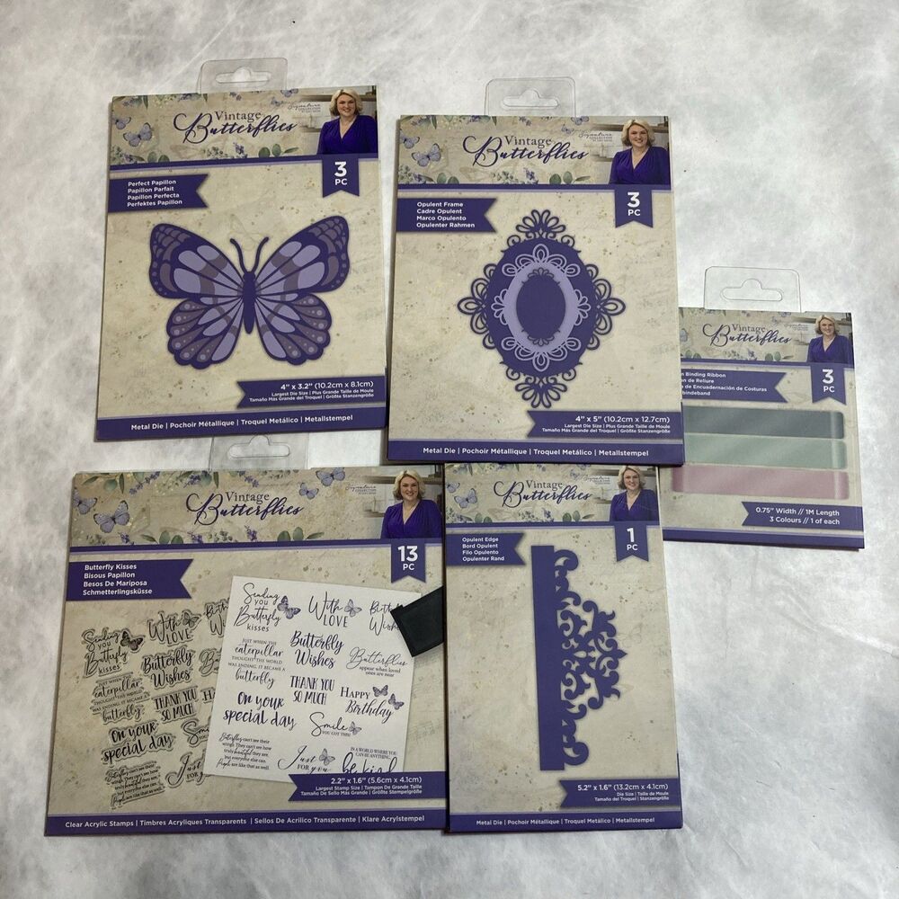 Crafters Companion Vintage Butterfly Dies Stamps Ribbons Lot Of 5 Items